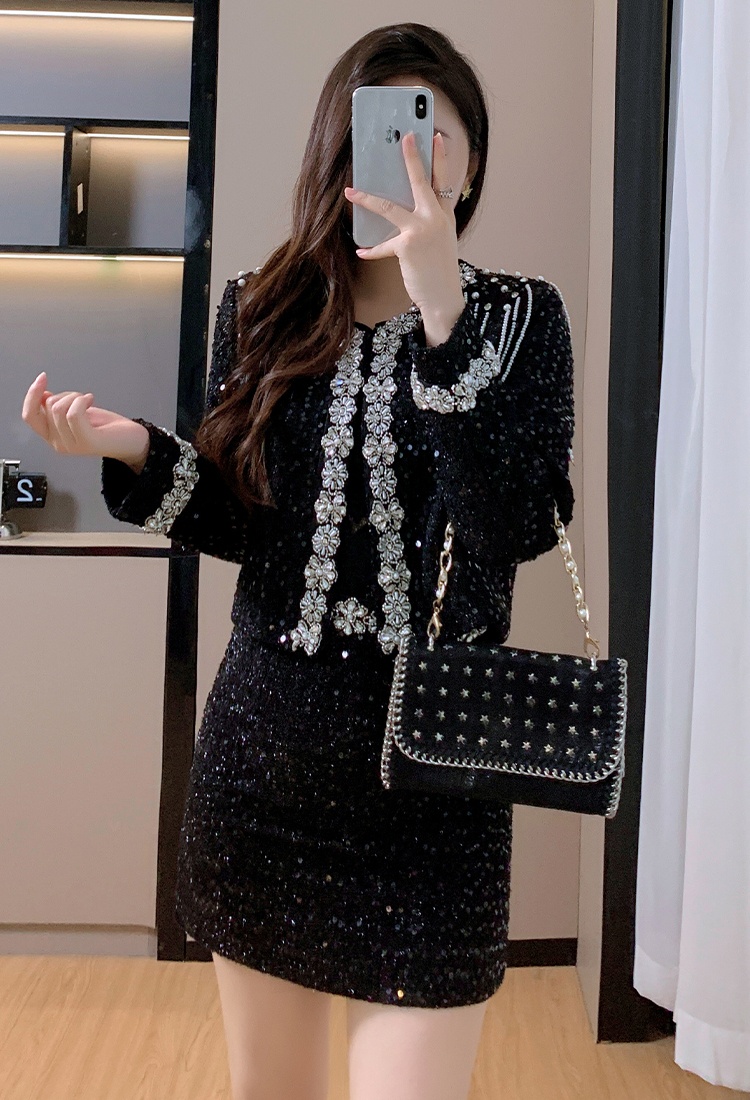 Beading light luxury jacket chanelstyle tops 2pcs set