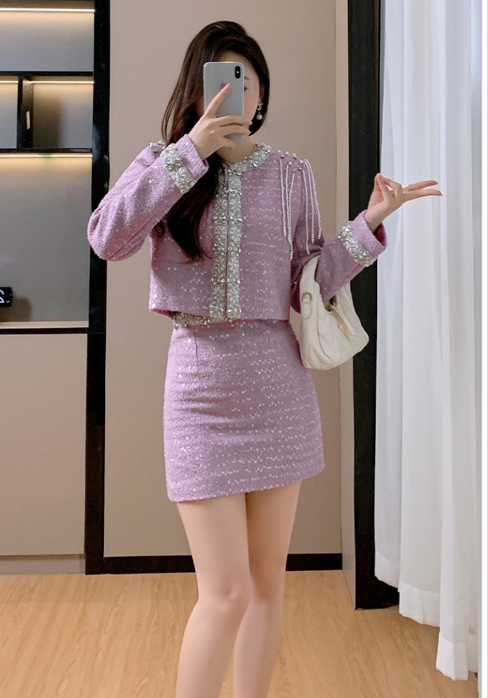 Beading light luxury jacket chanelstyle tops 2pcs set