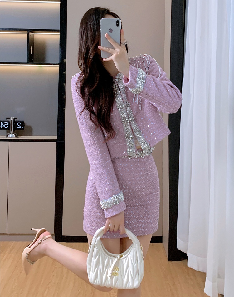 Beading light luxury jacket chanelstyle tops 2pcs set