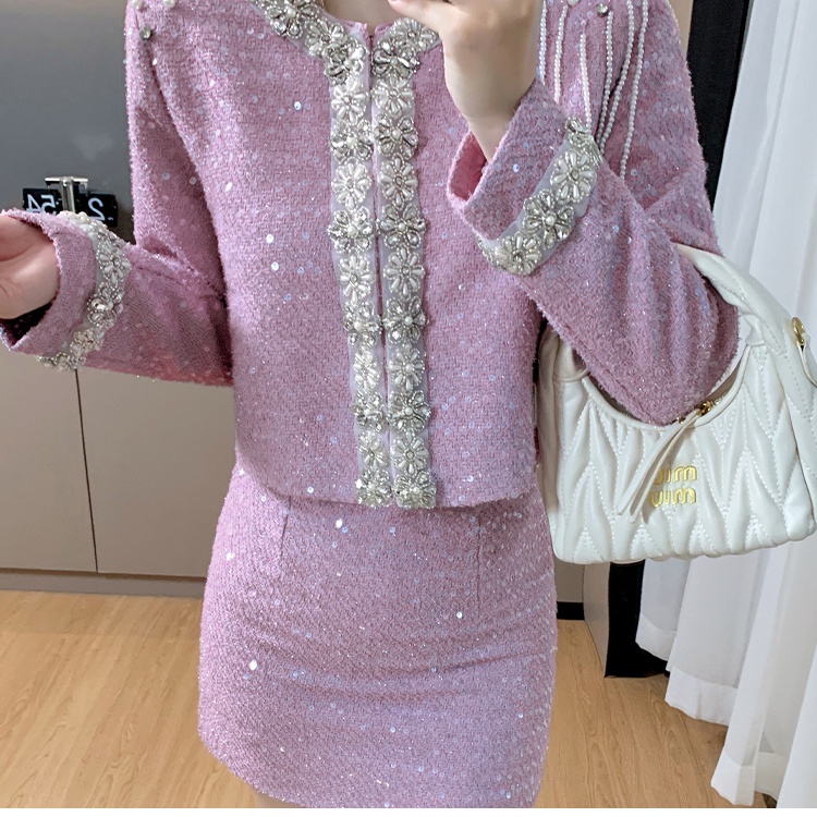 Beading light luxury jacket chanelstyle tops 2pcs set
