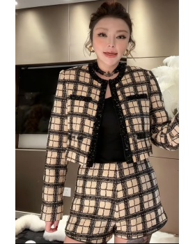 Flax houndstooth tops beading shorts 2pcs set for women
