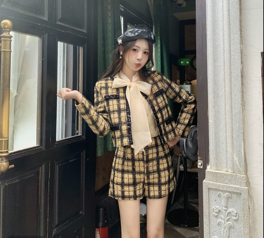 Flax houndstooth tops beading shorts 2pcs set for women