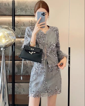 Crimp short skirt sequins coat 2pcs set for women
