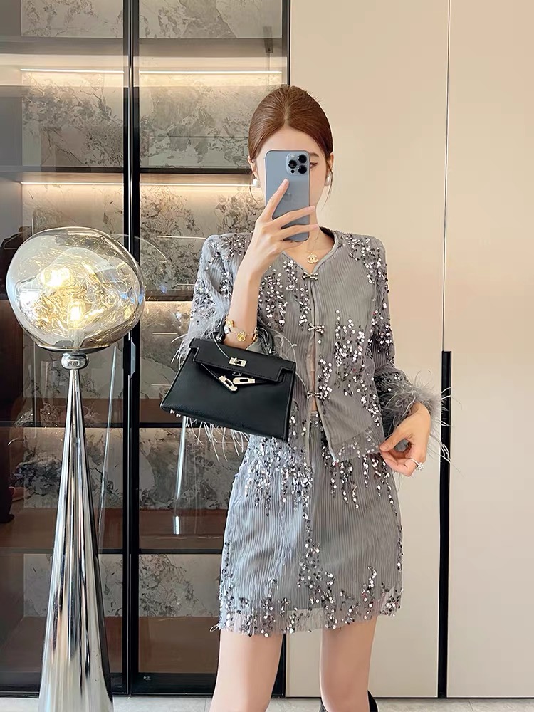 Crimp short skirt sequins coat 2pcs set for women