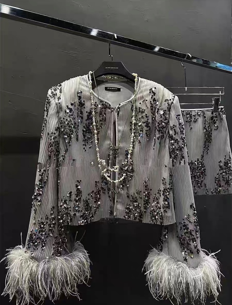 Crimp short skirt sequins coat 2pcs set for women