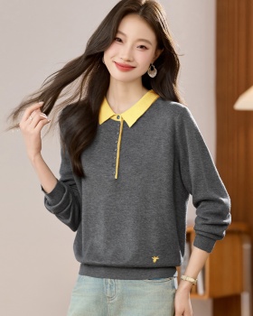 Short mixed colors sweater lapel tops for women
