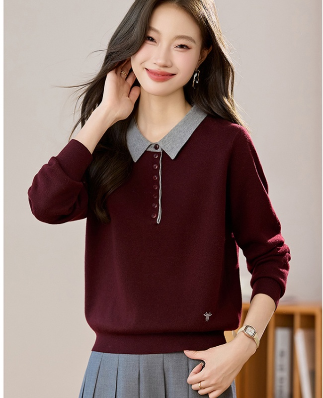 Short mixed colors sweater lapel tops for women