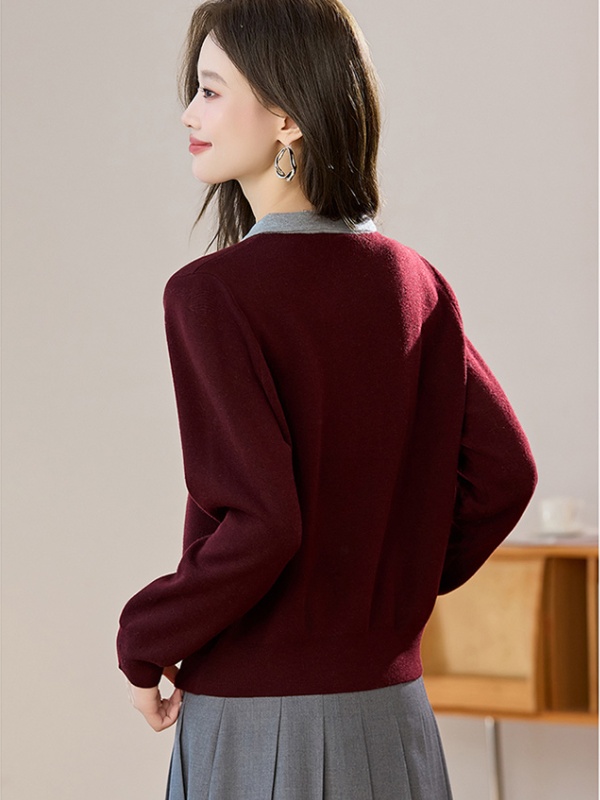 Short mixed colors sweater lapel tops for women