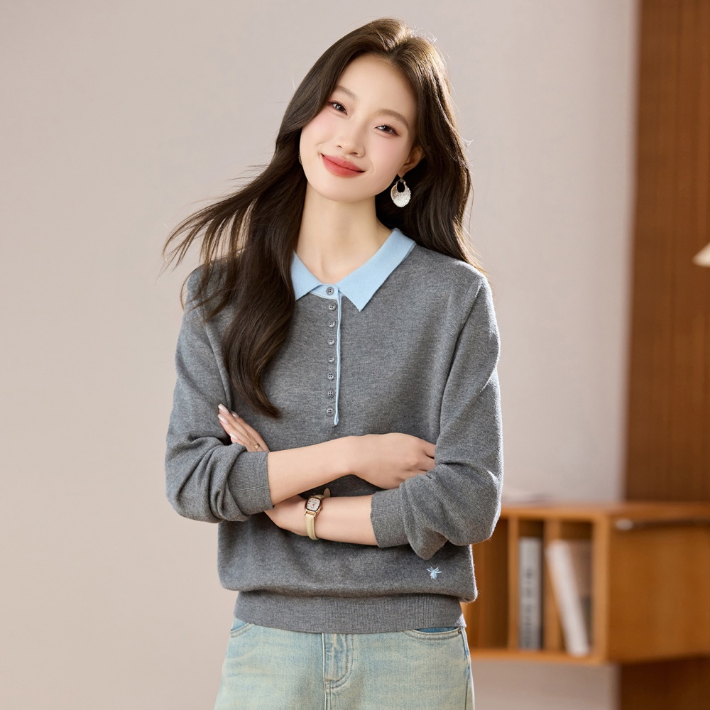 Short mixed colors sweater lapel tops for women