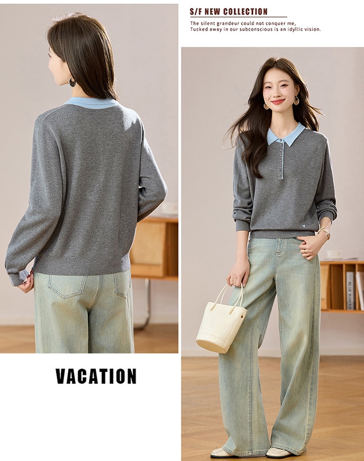 Short mixed colors sweater lapel tops for women