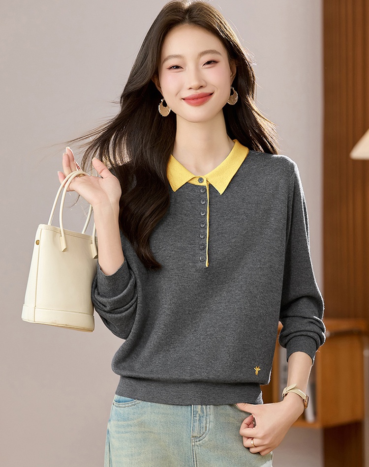 Short mixed colors sweater lapel tops for women