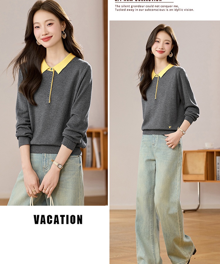 Short mixed colors sweater lapel tops for women