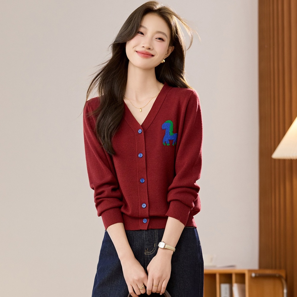 Embroidery spring and autumn sweater knitted V-neck cardigan