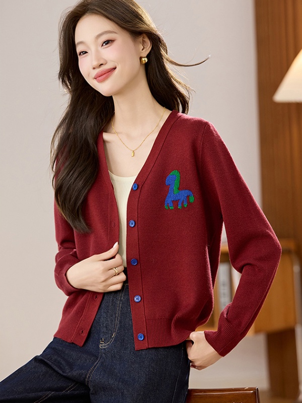 Embroidery spring and autumn sweater knitted V-neck cardigan