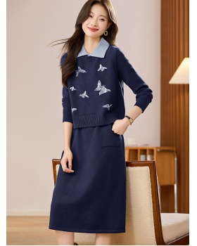 Autumn waistcoat long sweater dress 2pcs set