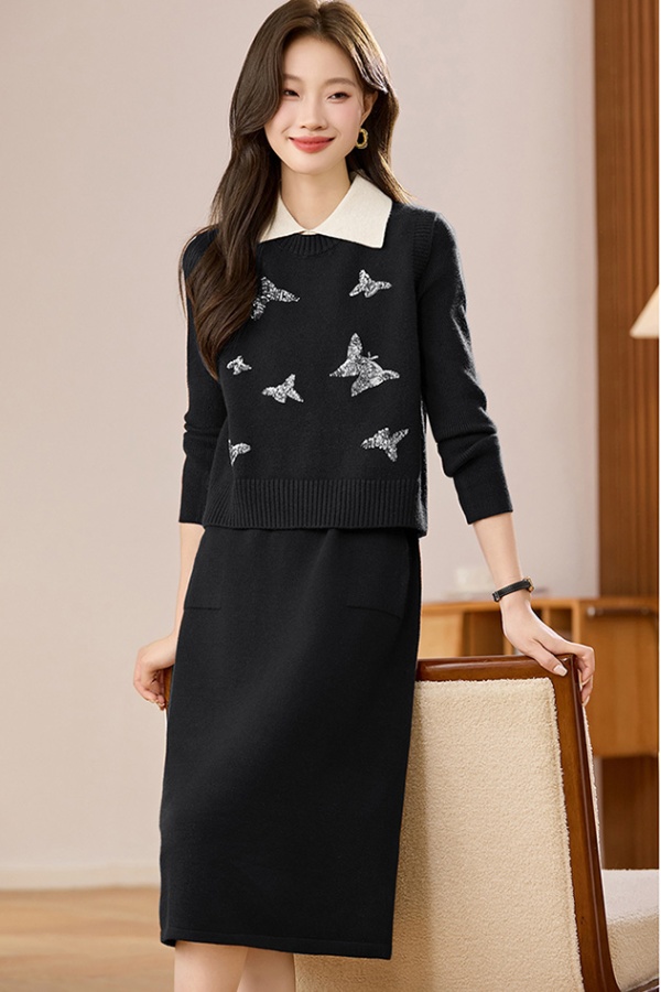 Autumn waistcoat long sweater dress 2pcs set