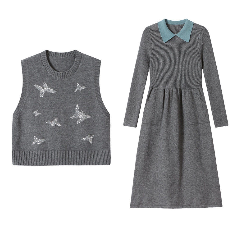 Autumn waistcoat long sweater dress 2pcs set