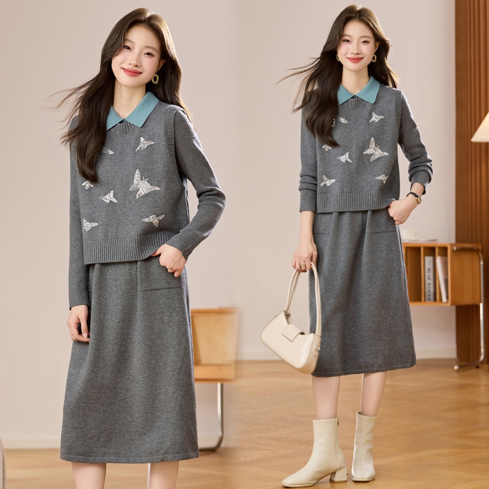 Autumn waistcoat long sweater dress 2pcs set