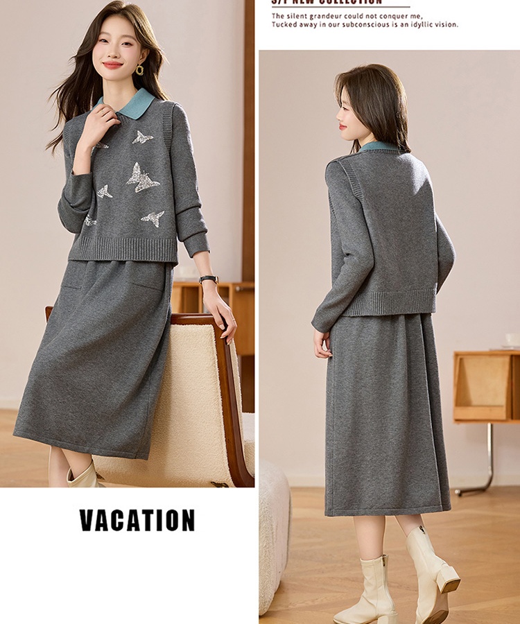 Autumn waistcoat long sweater dress 2pcs set