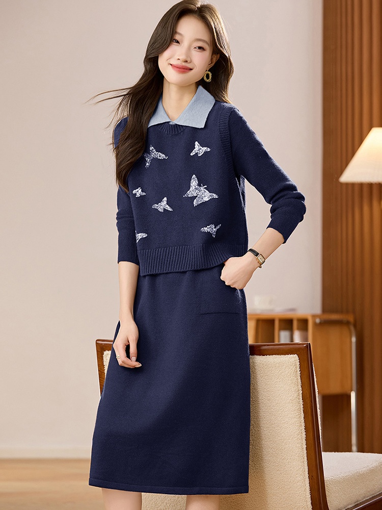 Autumn waistcoat long sweater dress 2pcs set