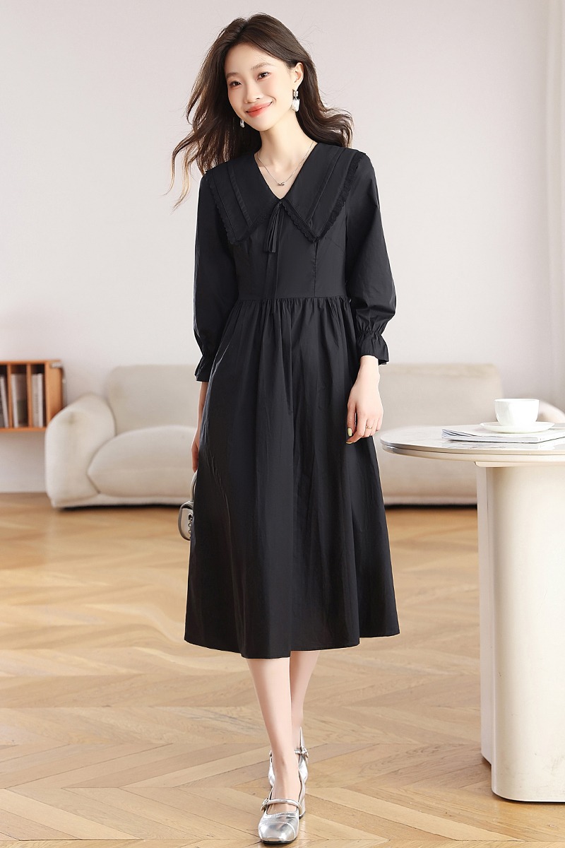 Long sleeve long dress pinched waist dress for women