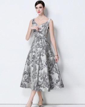 Long with belt slim jacquard sleeveless dress