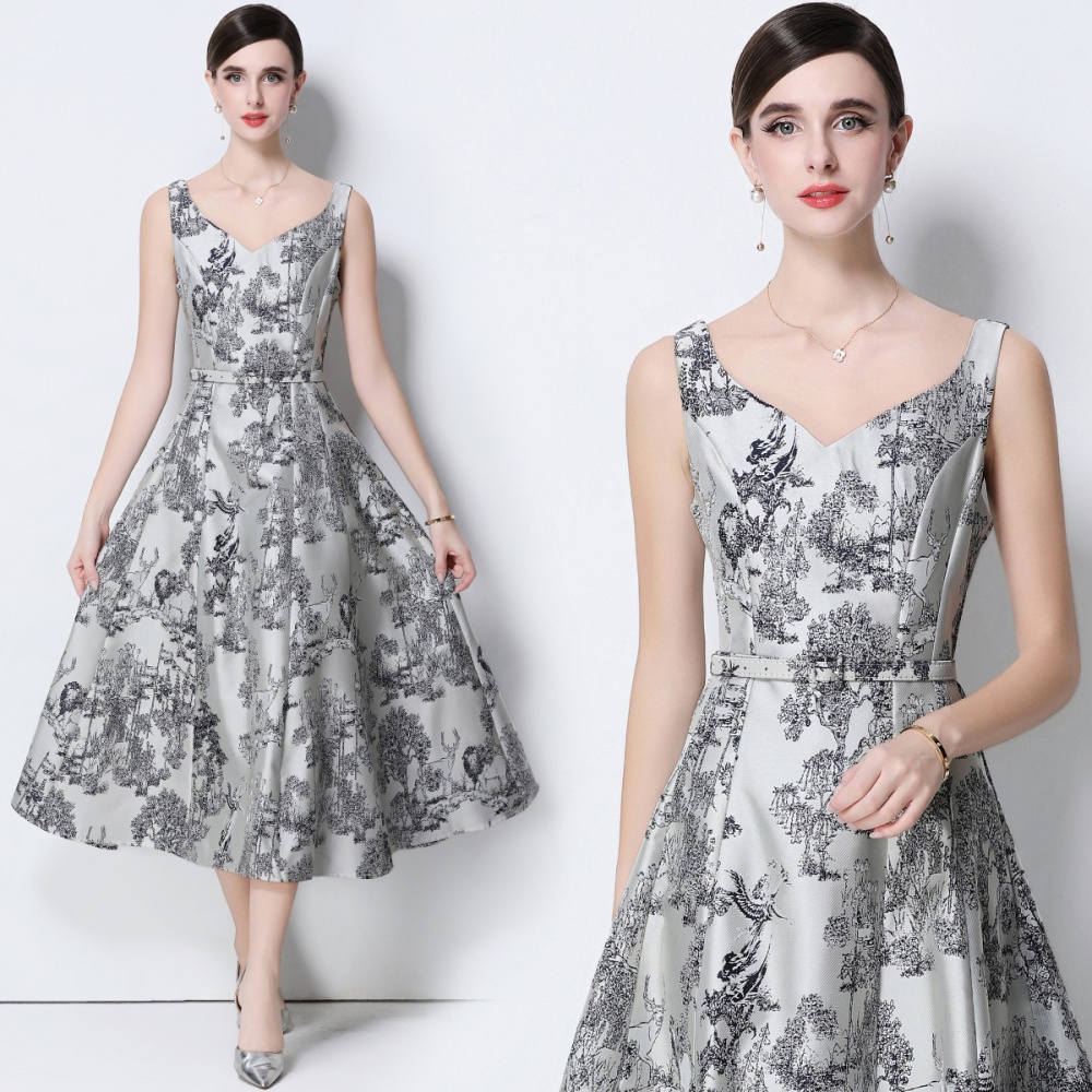 Long with belt slim jacquard sleeveless dress
