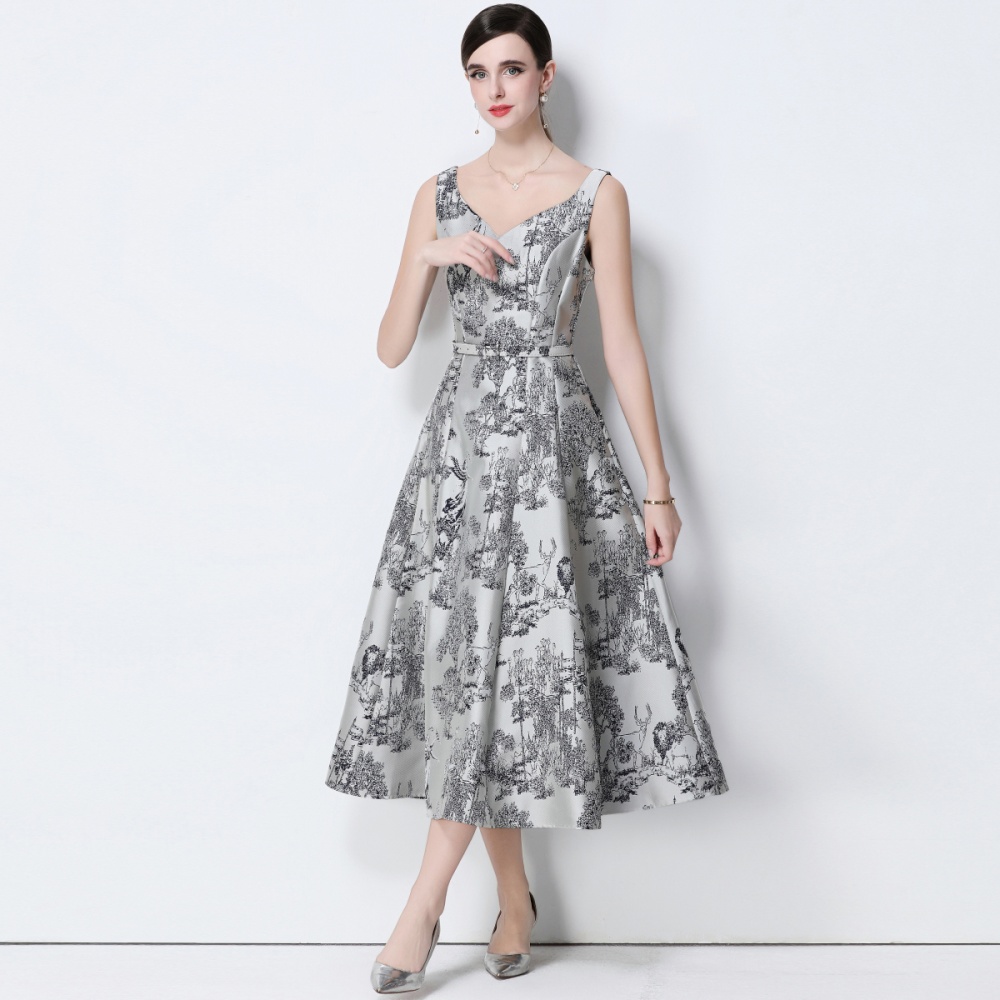 Long with belt slim jacquard sleeveless dress