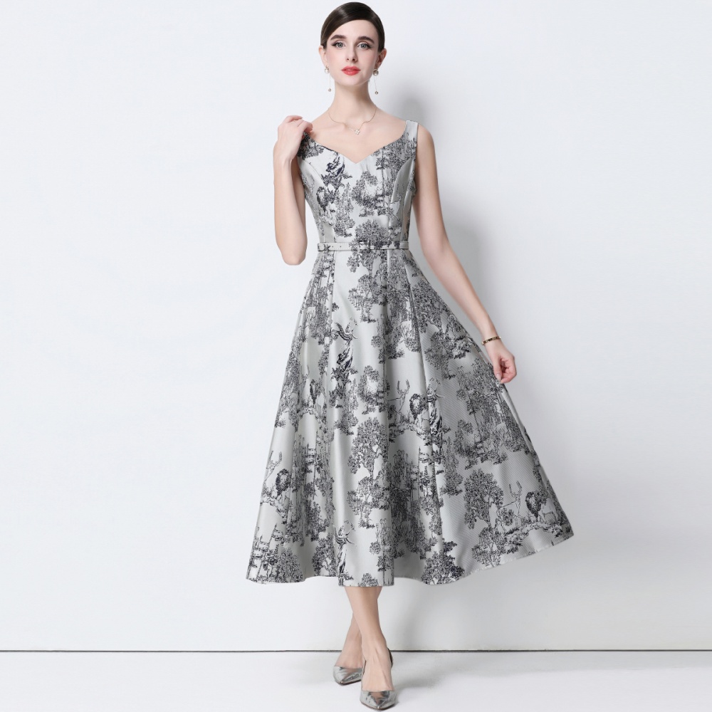 Long with belt slim jacquard sleeveless dress