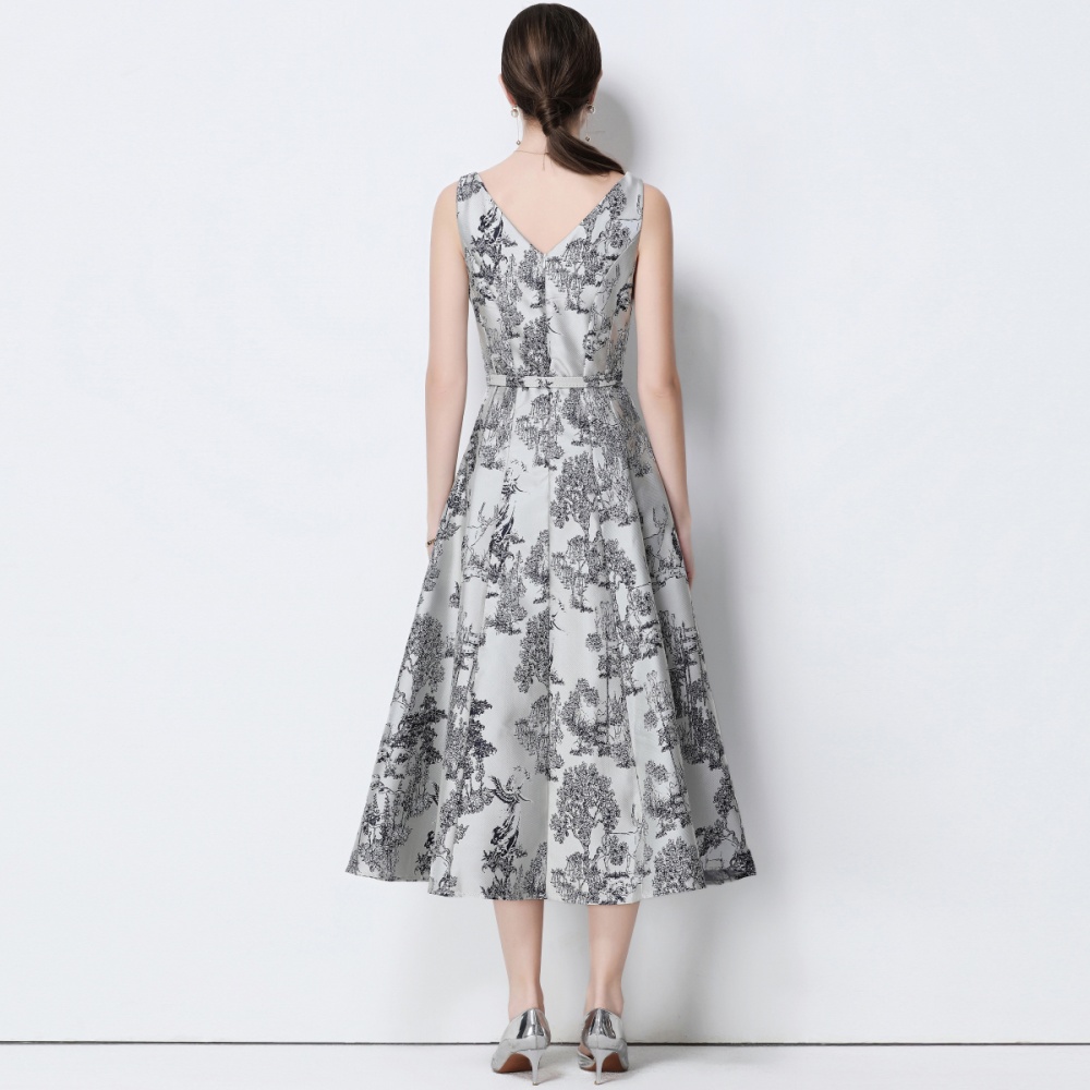 Long with belt slim jacquard sleeveless dress