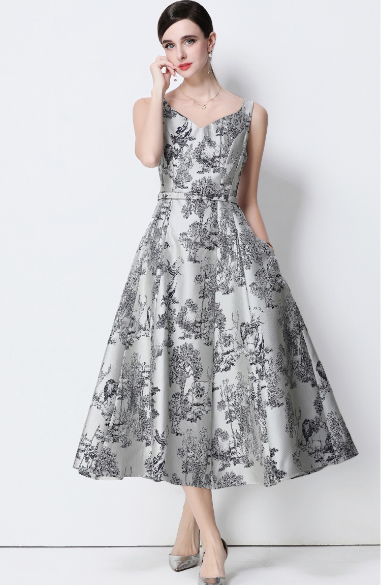 Long with belt slim jacquard sleeveless dress