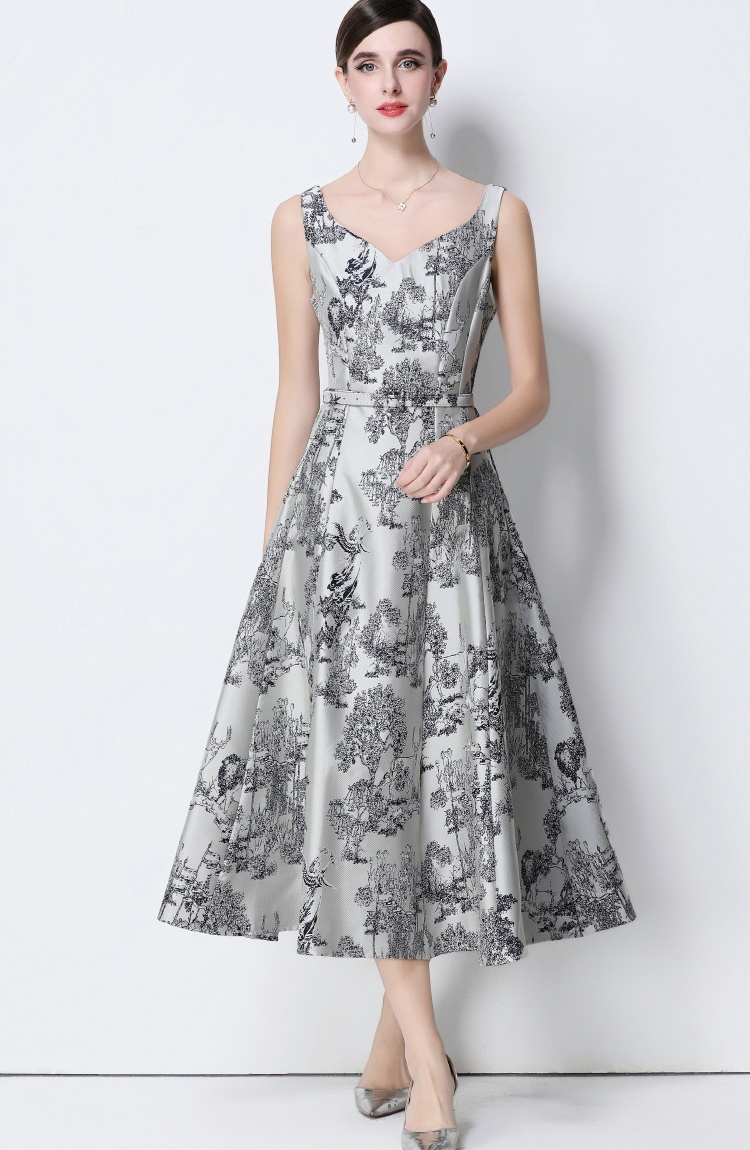 Long with belt slim jacquard sleeveless dress