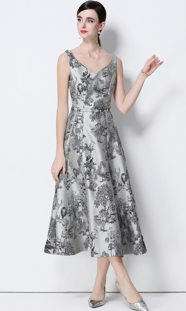 Long with belt slim jacquard sleeveless dress