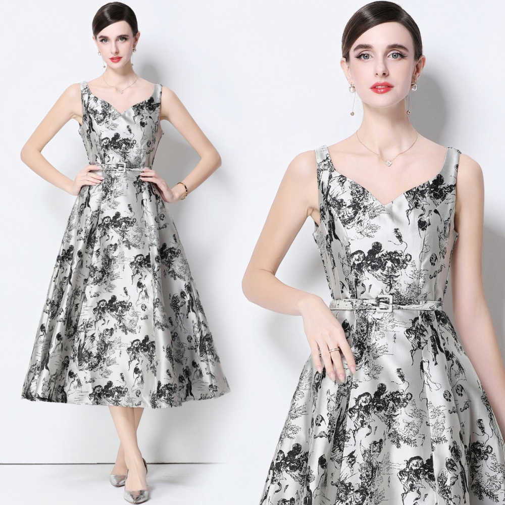 Long pinched waist slim sling with belt jacquard dress