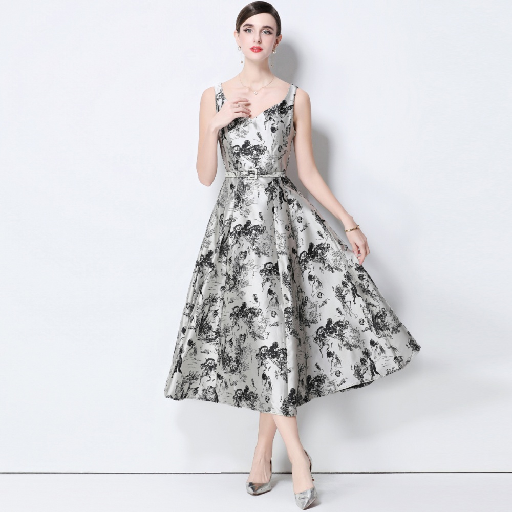 Long pinched waist slim sling with belt jacquard dress