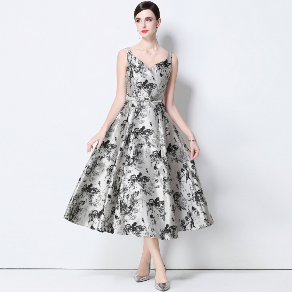Long pinched waist slim sling with belt jacquard dress