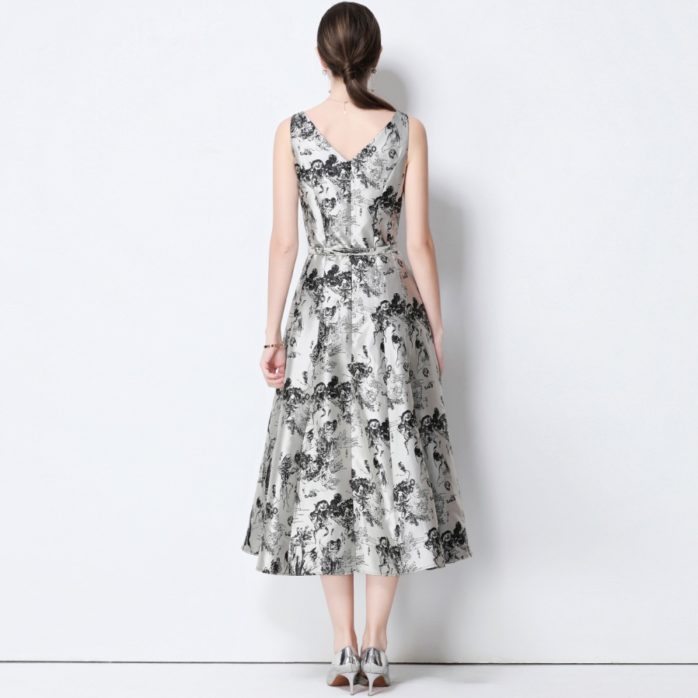 Long pinched waist slim sling with belt jacquard dress