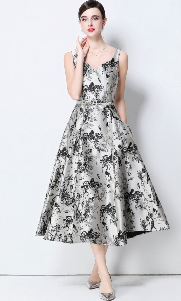 Long pinched waist slim sling with belt jacquard dress