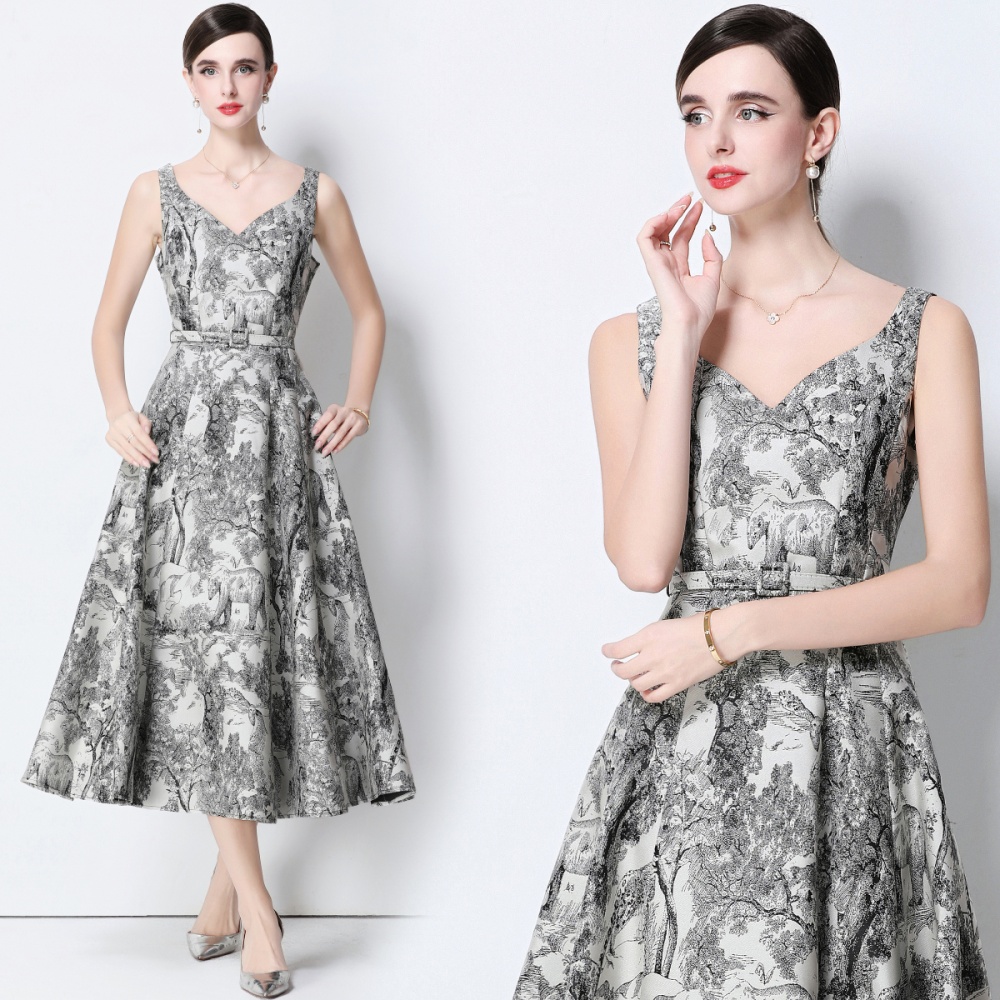 Sleeveless with belt slim pinched waist retro dress