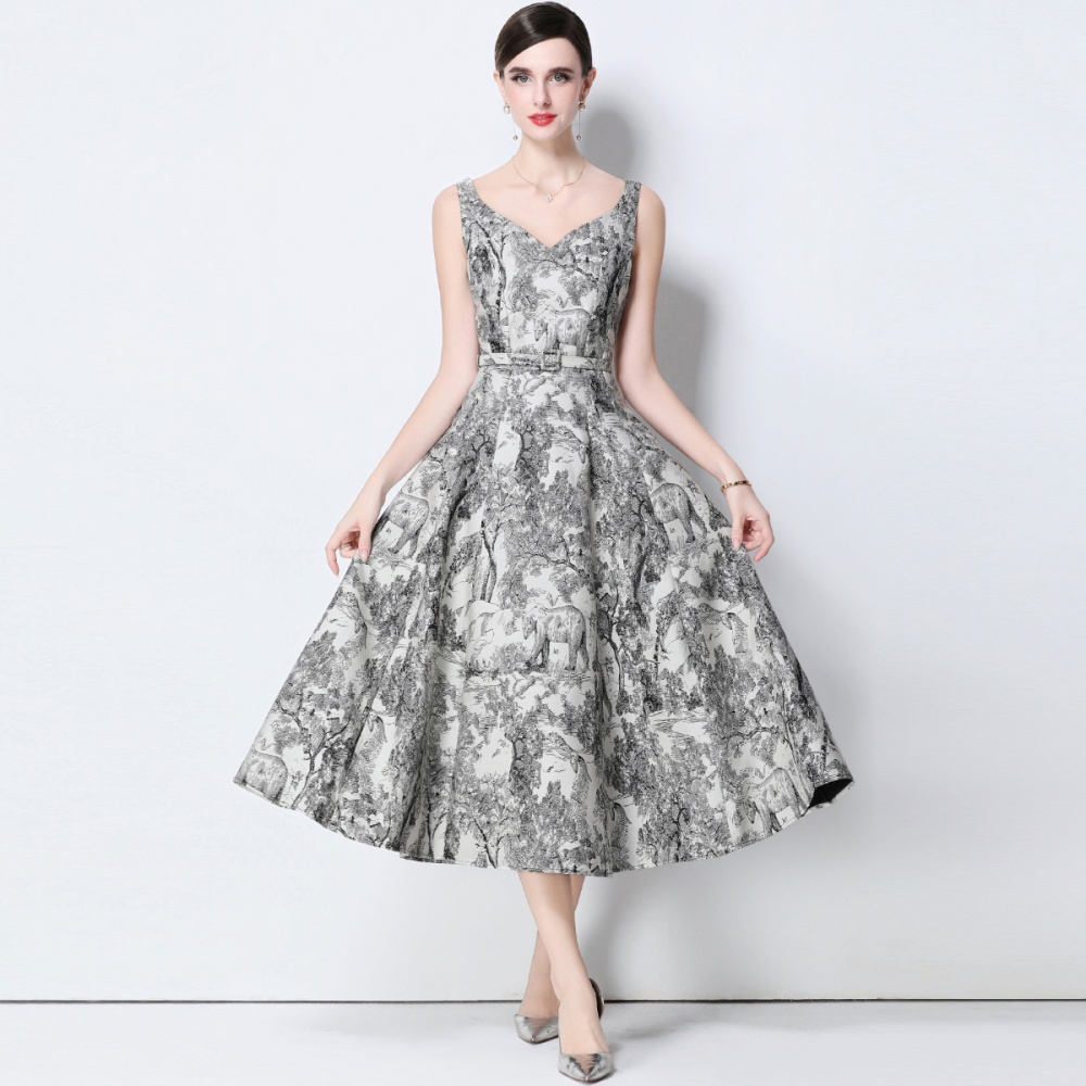 Sleeveless with belt slim pinched waist retro dress