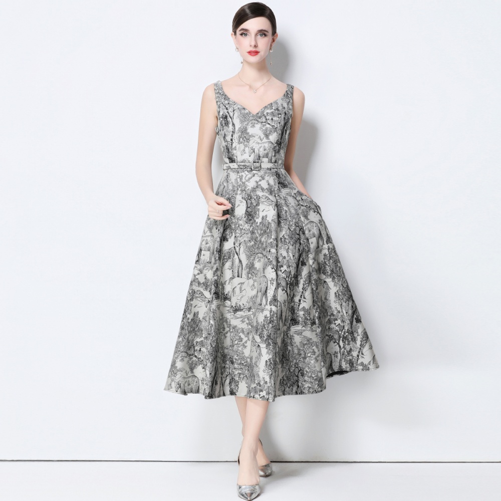 Sleeveless with belt slim pinched waist retro dress