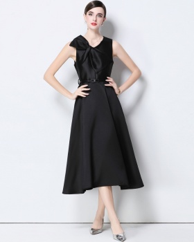 V-neck pinched waist big bow slim France style dress