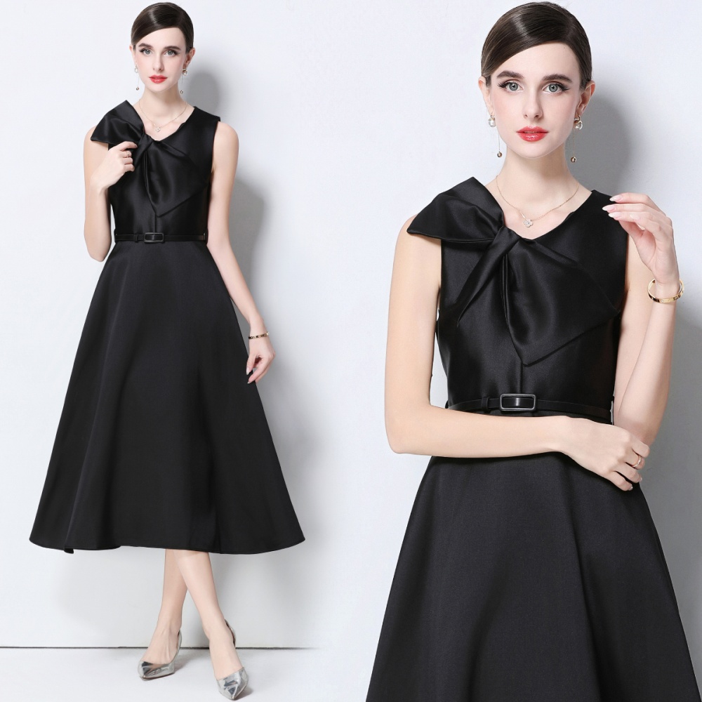 V-neck pinched waist big bow slim France style dress