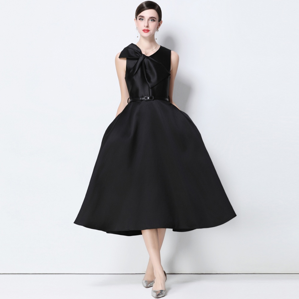 V-neck pinched waist big bow slim France style dress