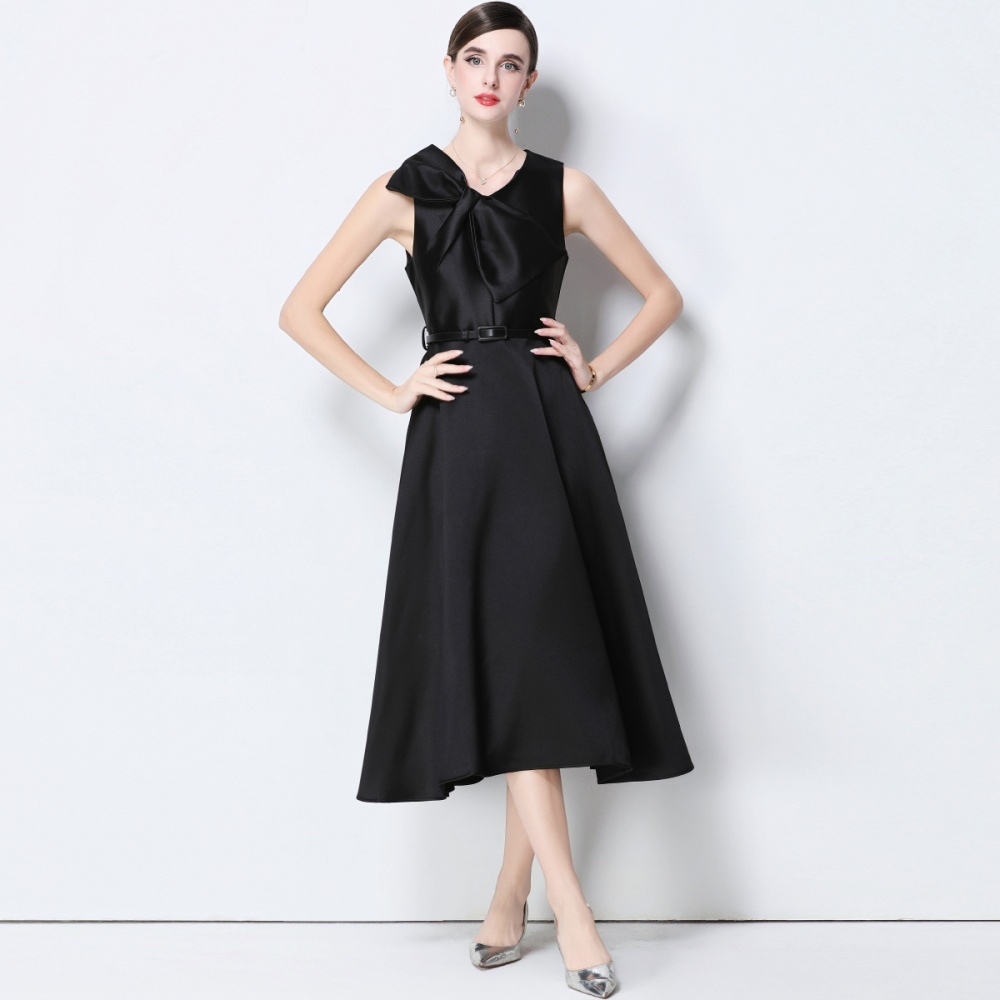 V-neck pinched waist big bow slim France style dress