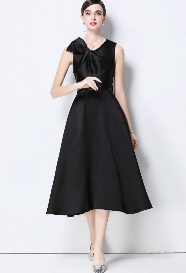 V-neck pinched waist big bow slim France style dress