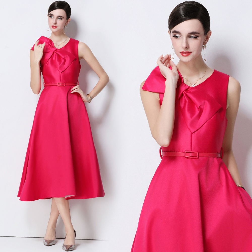 Pinched waist sleeveless with belt big bow V-neck dress