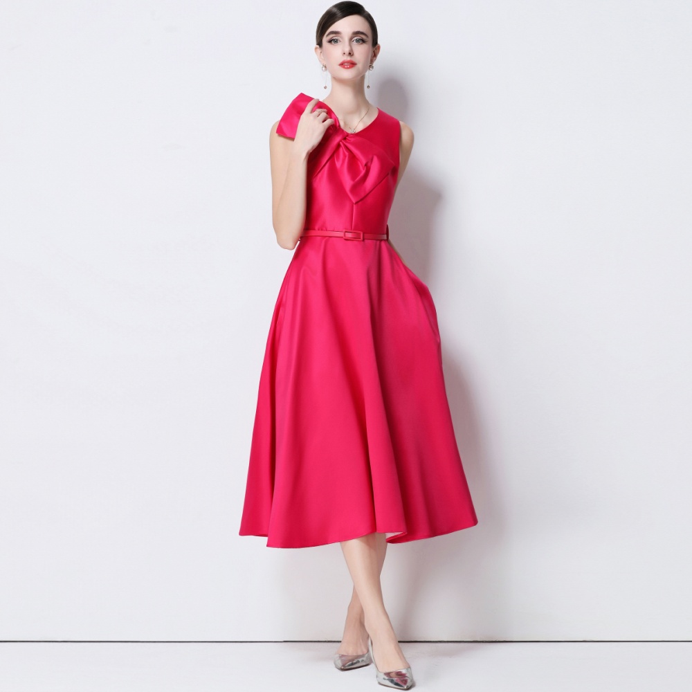Pinched waist sleeveless with belt big bow V-neck dress