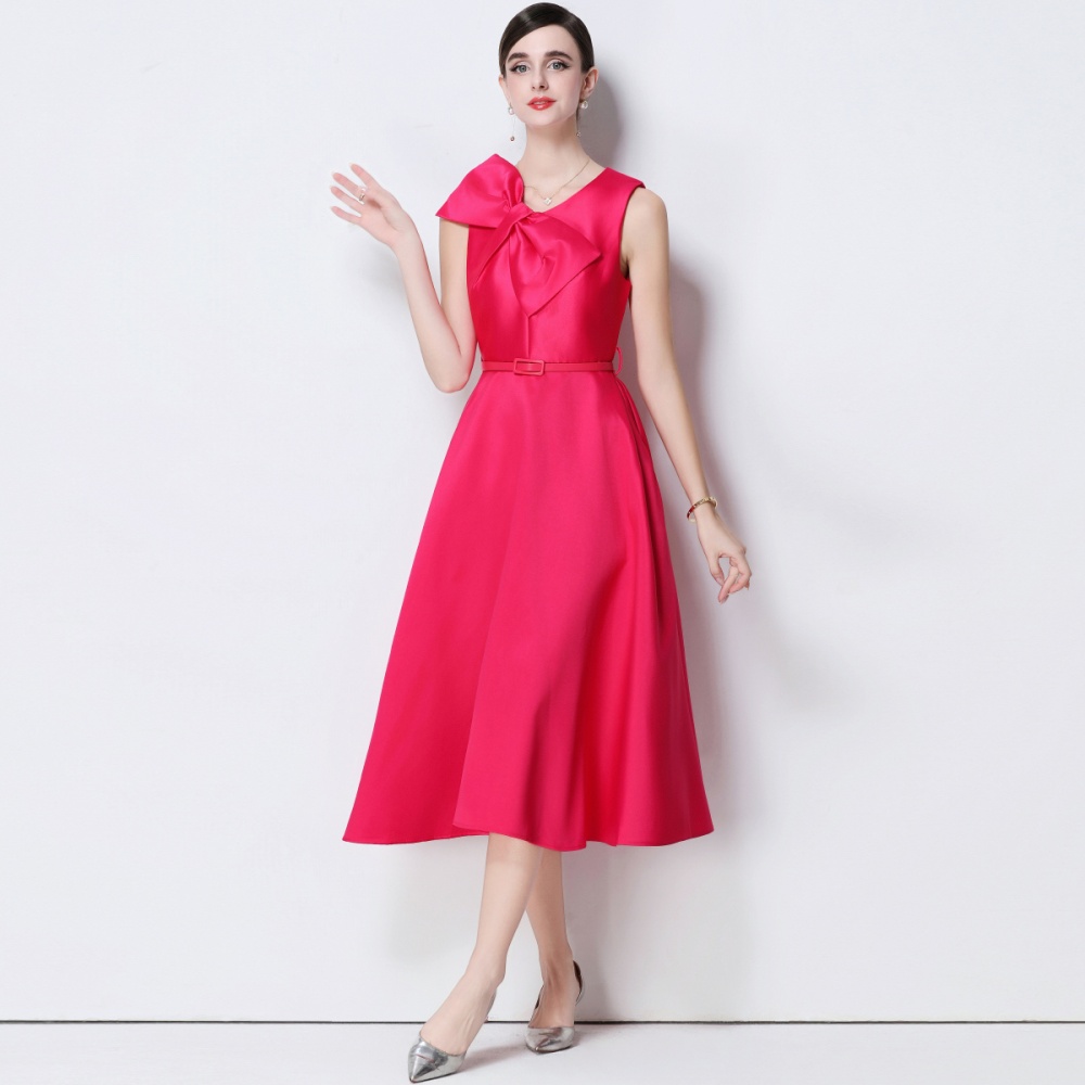 Pinched waist sleeveless with belt big bow V-neck dress