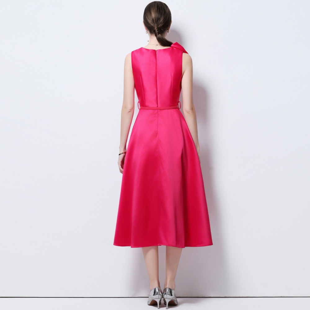 Pinched waist sleeveless with belt big bow V-neck dress